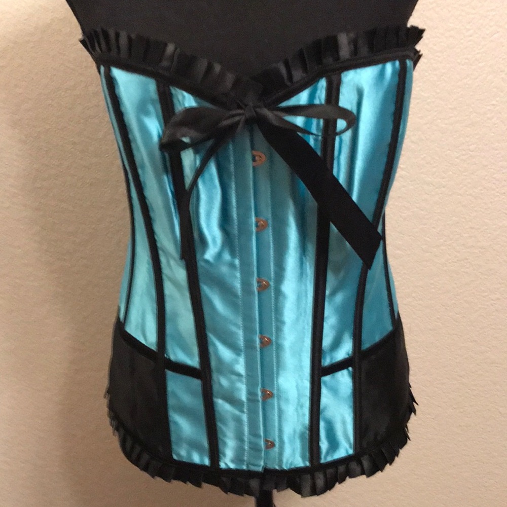NWOT Gorgeous Sexy Satin Teal Blue Ruffles Corset Bustier Lingerie Shapewear